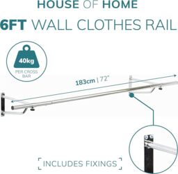 House of Home Clothes Rail Wall Mounted Garment Hanging Wardrobe Rack Storage 6ft Length in Silver - thumbnail 2