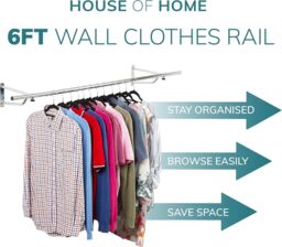 House of Home Clothes Rail Wall Mounted Garment Hanging Wardrobe Rack Storage 6ft Length in Silver - thumbnail 5