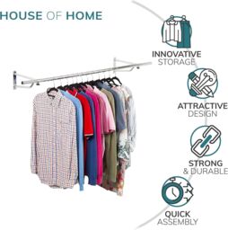 House of Home Clothes Rail Wall Mounted Garment Hanging Wardrobe Rack Storage 6ft Length in Silver - thumbnail 6