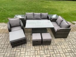 Fimous Rattan Outdoor Furniture Garden Dining Set Patio Height Adjustable Rising lifting Table Reclining Chair Sofa With 2 Side Tables Footstools - thumbnail 2