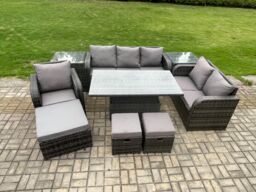 Fimous Rattan Outdoor Furniture Garden Dining Set Patio Height Adjustable Rising lifting Table Reclining Chair Sofa With 2 Side Tables Footstools - thumbnail 1
