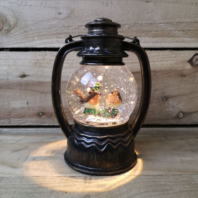Samuel Alexander 31cm Dual Powered Light up Antique Lantern Christmas Water Spinner with Robin Scene in Brown - image 1