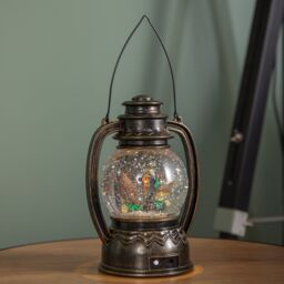 Samuel Alexander 31cm Dual Powered Light up Antique Lantern Christmas Water Spinner with Robin Scene in Brown - thumbnail 6
