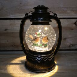 Samuel Alexander 31cm Dual Powered Light up Antique Lantern Christmas Water Spinner with Robin Scene in Brown - thumbnail 2