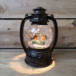 Samuel Alexander 31cm Dual Powered Light up Antique Lantern Christmas Water Spinner with Robin Scene in Brown - thumbnail 1