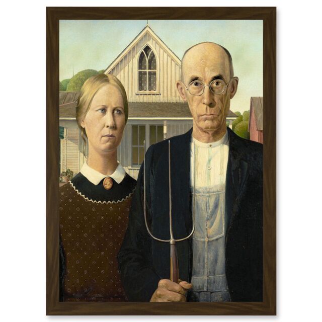Artery8 Grant Wood American Gothic Iconic A4 Artwork Framed Wall Art Print in Brown - image 1