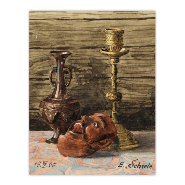 "Artery8 Candlestick Vase & Mask Still Life Wall Art Print Egon Schiele in Brown - Size: W18"" x H24""" - image 1