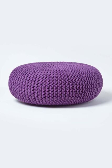 Homescapes Large Round Cotton Knitted Pouffe Footstool in Purple - image 1