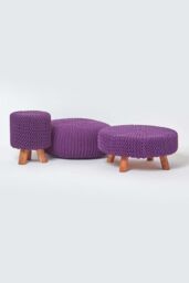 Homescapes Large Round Cotton Knitted Pouffe Footstool in Purple - thumbnail 5