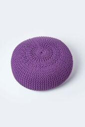 Homescapes Large Round Cotton Knitted Pouffe Footstool in Purple - thumbnail 3