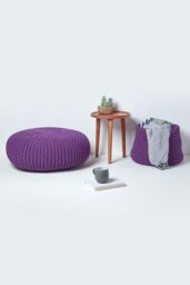 Homescapes Large Round Cotton Knitted Pouffe Footstool in Purple - thumbnail 6