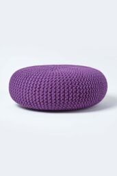 Homescapes Large Round Cotton Knitted Pouffe Footstool in Purple