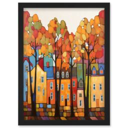 Artery8 Multicoloured House Street In Autumn Contemporary Folk Art Painting Artwork Framed Wall Art Print A4 in Black - thumbnail 1