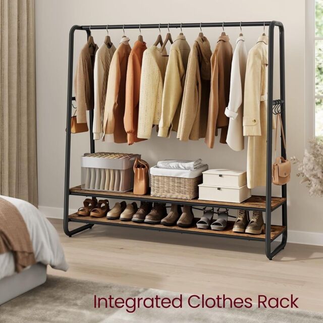 VASAGLE Bedroom Garment Rack Shelves Steel Rail Hooks Wardrobe Storage in Brown - image 1