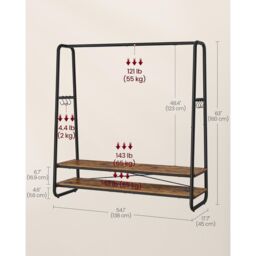 VASAGLE Bedroom Garment Rack Shelves Steel Rail Hooks Wardrobe Storage in Brown - thumbnail 2