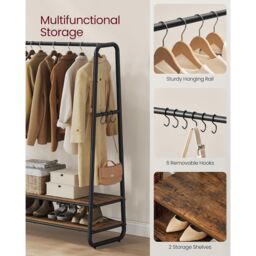 VASAGLE Bedroom Garment Rack Shelves Steel Rail Hooks Wardrobe Storage in Brown - thumbnail 5