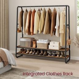 VASAGLE Bedroom Garment Rack Shelves Steel Rail Hooks Wardrobe Storage in Brown - thumbnail 1
