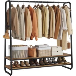 VASAGLE Bedroom Garment Rack Shelves Steel Rail Hooks Wardrobe Storage in Brown - thumbnail 6