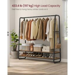 VASAGLE Bedroom Garment Rack Shelves Steel Rail Hooks Wardrobe Storage in Brown - thumbnail 3