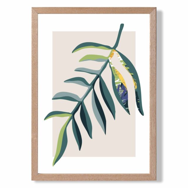 ARTZE Tropical Leaf Teal & Green Mid Century Modern Framed Print SIZE: A4 with Oak Frame - Size: A3 - image 1