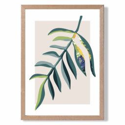 ARTZE Tropical Leaf Teal & Green Mid Century Modern Framed Print SIZE: A4 with Oak Frame - Size: A3