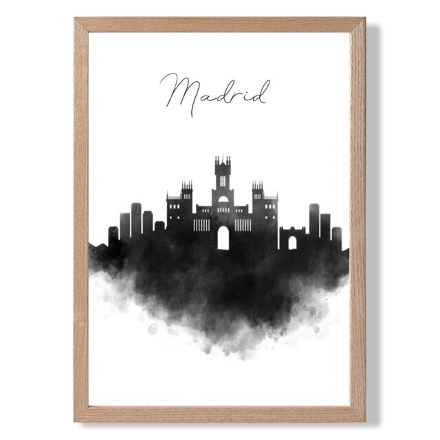 ARTZE Madrid Watercolour Skyline City Framed Print SIZE: A2 with Oak Frame in Black - Size: A4 - image 1