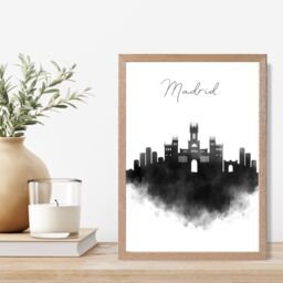 ARTZE Madrid Watercolour Skyline City Framed Print SIZE: A2 with Oak Frame in Black - Size: A4 - thumbnail 2