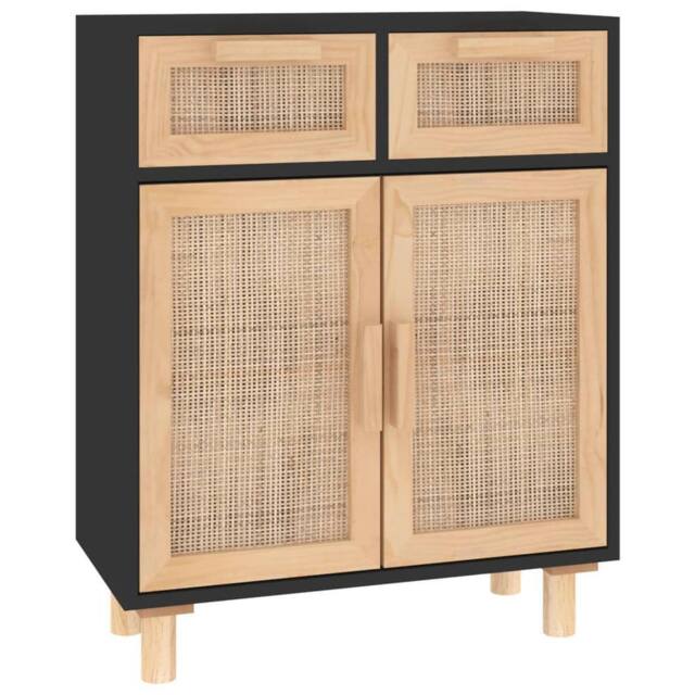 Berkfield Home Sideboard Black 60x30x75 cm Solid Wood Pine & Natural Rattan - Size: 60 x 30 x 75 cm - image 1