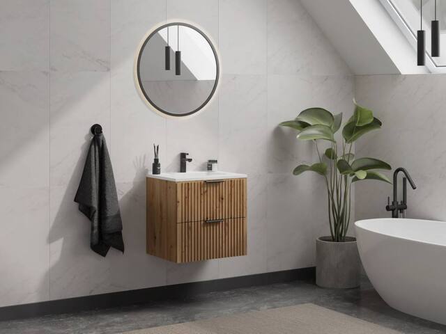Vente-unique Fluted Wall-Hung Bathroom Unit With Inset Basin - Light Natural - 60 in Light Oak - image 1
