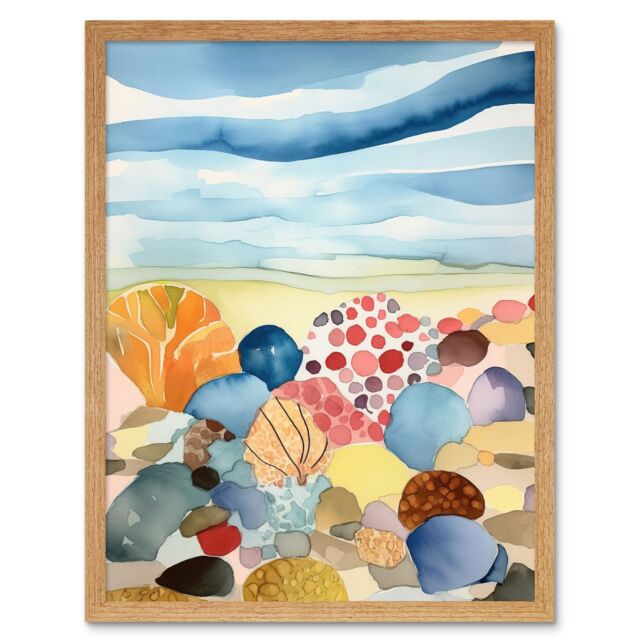"Artery8 Wall Art Print Seaside Beachcombing Colourful Seashells & Beach Pebbles Watercolour Painting Art Framed in Light Oak - Size: W12"" x H16""" - image 1