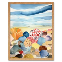 "Artery8 Wall Art Print Seaside Beachcombing Colourful Seashells & Beach Pebbles Watercolour Painting Art Framed in Light Oak - Size: W12"" x H16""" - thumbnail 1