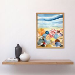"Artery8 Wall Art Print Seaside Beachcombing Colourful Seashells & Beach Pebbles Watercolour Painting Art Framed in Light Oak - Size: W12"" x H16""" - thumbnail 2
