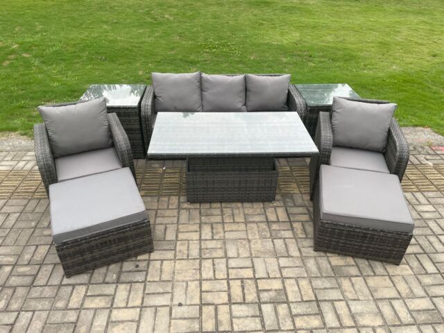 Fimous Outdoor Rattan Furniture Sofa Garden Dining Sets Adjustable Rising lifting Table & Chair Set With 2 Side Tables in Dark Grey - image 1