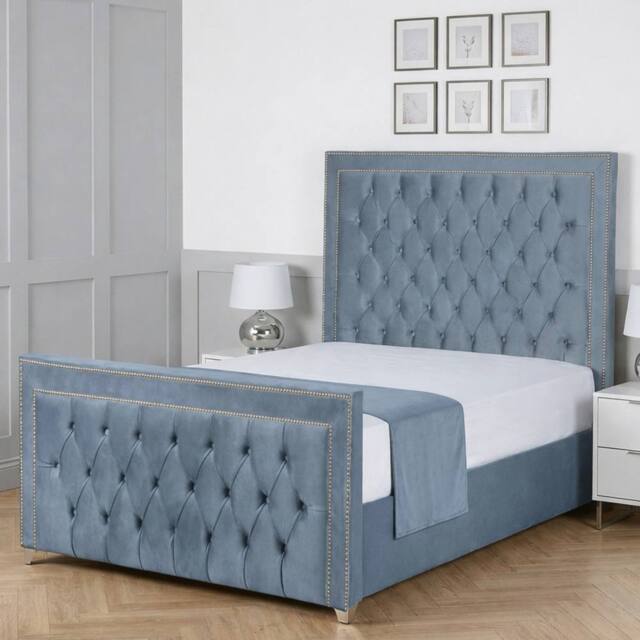Living Comfort Bedz Metro Plush Velvet Upholstered Bed Slatted Base with 48Inch Headboard in Light Blue - Size: Single - image 1