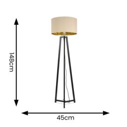ValueLights Lottie Black Wood Tripod Floor Lamp with Beige & Gold Drum Shade & LED Bulb in Cream - thumbnail 4