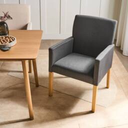 Wyld and Coco Grey Fabric Dining Chair with Arms and Rubberwood Legs