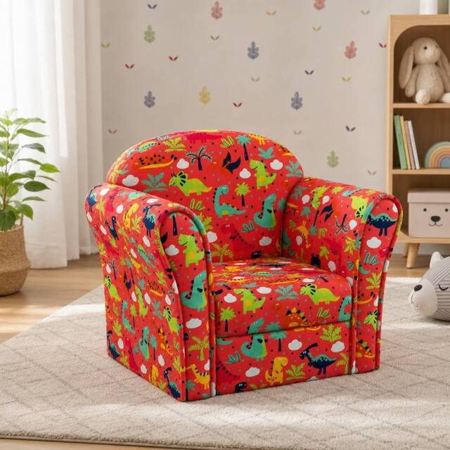 STILVORA Kids Armchair Wooden Frame Red Dinosaur Design - image 1