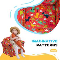 STILVORA Kids Armchair Wooden Frame Red Dinosaur Design - thumbnail 6