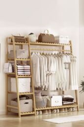 Living and Home Bamboo Clothing Garment Rack 7 Tier Storage Shelf Coat Clothes Hanging Rack in Natural