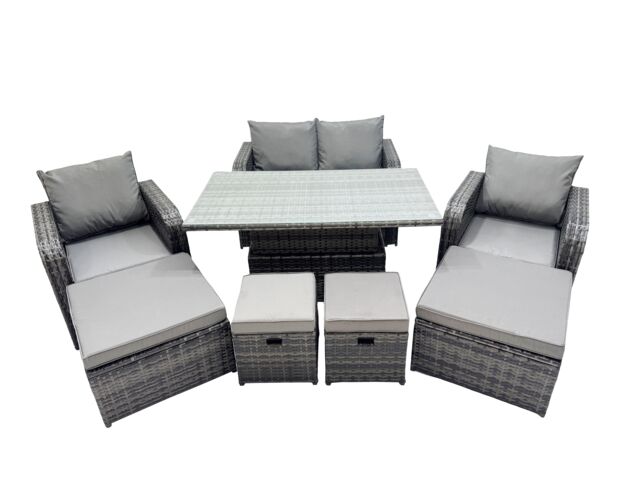 Fimous 8-seater Rattan Garden Furniture Dining Set with 4 Footstool in Dark Grey - image 1