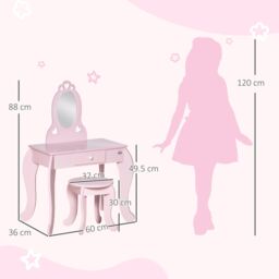 HOMCOM Kids Vanity Table & Stool Girls Dressing Set Make Up Desk with Mirror Pink - thumbnail 3
