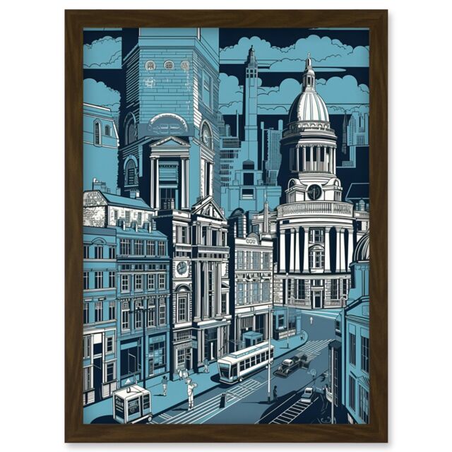 Artery8 Belfast Cityscape City Centre Hall Linocut Style Artwork Framed Wall Art Print A4 in Brown - image 1