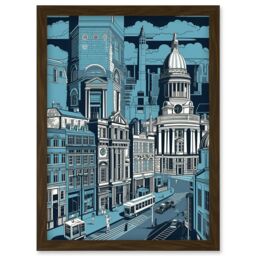 Artery8 Belfast Cityscape City Centre Hall Linocut Style Artwork Framed Wall Art Print A4 in Brown - thumbnail 1