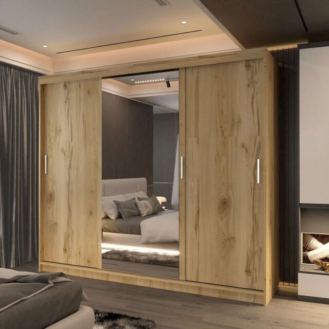 Sliding Wardrobes 4U Large Sliding Mirror Wardrobe with LED Modern Storage W250cm x H217cm in Brown - image 1