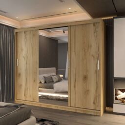 Sliding Wardrobes 4U Large Sliding Mirror Wardrobe with LED Modern Storage W250cm x H217cm in Brown