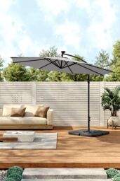 Living and Home 3M LED Lighted Large Garden Cantilever Parasol Outdoor Sun Shade Banana Umbrella Crank Tilt with Square Base, Dark Grey in Light Grey - thumbnail 1