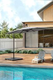 Living and Home 3M LED Lighted Large Garden Cantilever Parasol Outdoor Sun Shade Banana Umbrella Crank Tilt with Square Base, Dark Grey in Light Grey - thumbnail 2