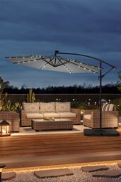 Living and Home 3M LED Lighted Large Garden Cantilever Parasol Outdoor Sun Shade Banana Umbrella Crank Tilt with Square Base, Dark Grey in Light Grey - thumbnail 3