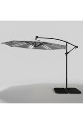 Living and Home 3M LED Lighted Large Garden Cantilever Parasol Outdoor Sun Shade Banana Umbrella Crank Tilt with Square Base, Dark Grey in Light Grey - thumbnail 4