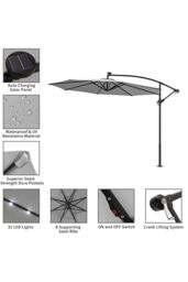 Living and Home 3M LED Lighted Large Garden Cantilever Parasol Outdoor Sun Shade Banana Umbrella Crank Tilt with Square Base, Dark Grey in Light Grey - thumbnail 7